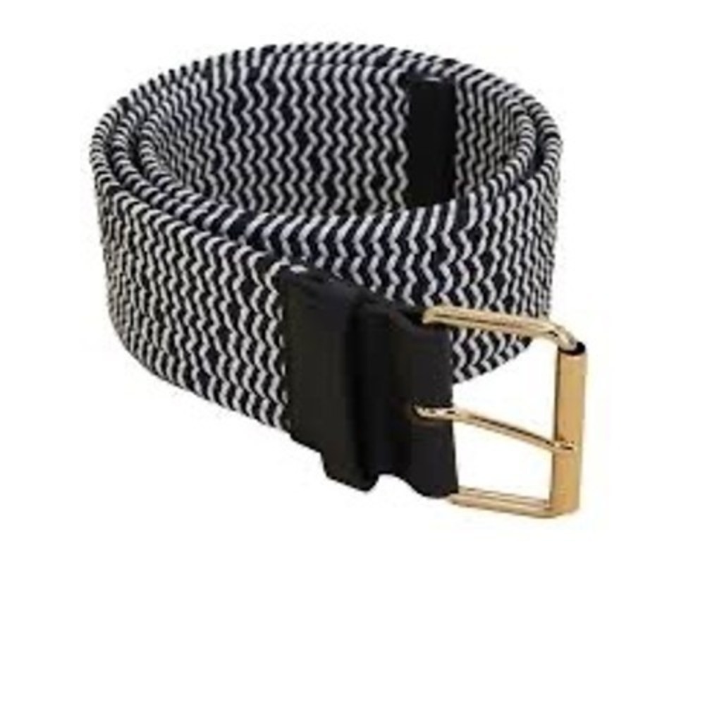 Marina Rinaldi Womens Woven Elastic Belt Navy Blue White Chevron Gold Buckle NEW